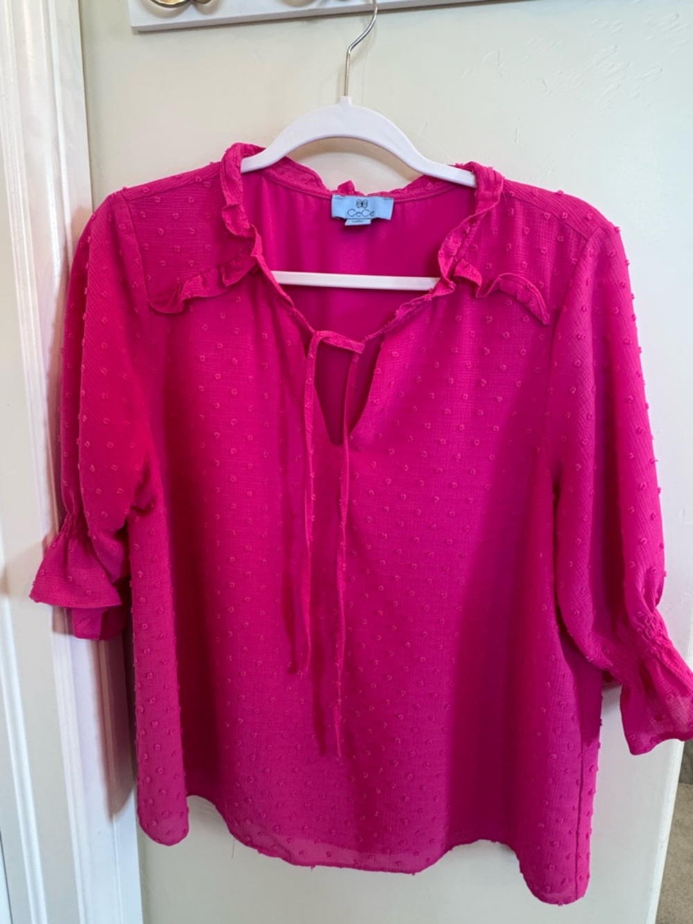 CeCe Bright Fuchsia Tie-Neck Ruffle Blouse